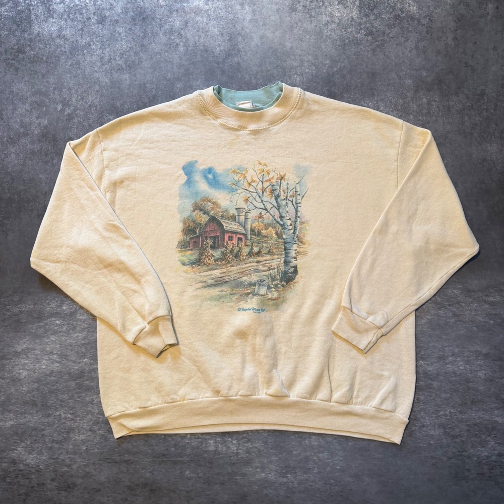 VTG 90s B Wear Sportswear Sweatshirt XXL Cream 1992 Autumn Barn Farm Graphic USA